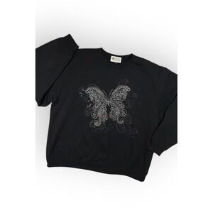 Christine Alexander Vtg Sparkle Butterfly Rhinestone Sweatshirt Black XXL USA